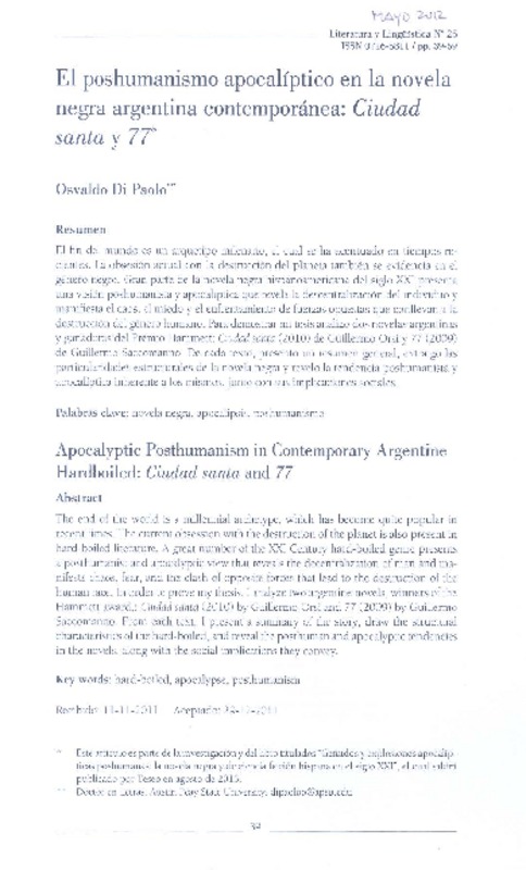 El poshumanismo apocalíptico en la novela negra argentina contemporánea  [artículo] Osvaldo Di Paolo.