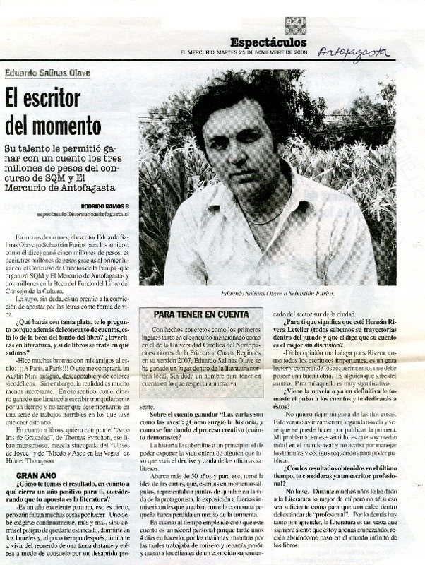 El escritor del momento [entrevista]  [artículo] Rodrigo Ramos B.
