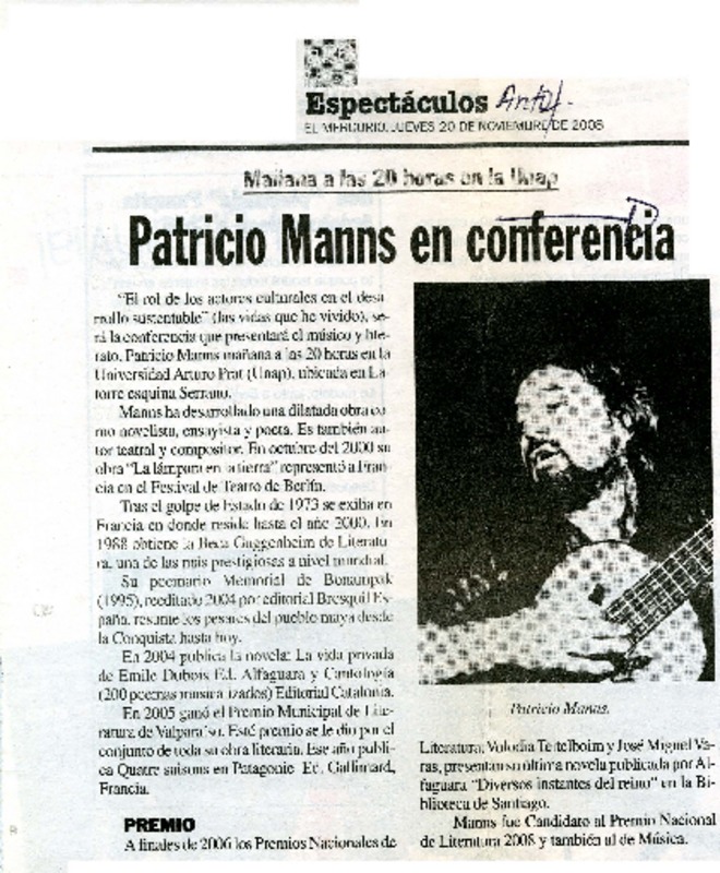 Patricio Manns en conferencia  [artículo] Patricia Bennett R.