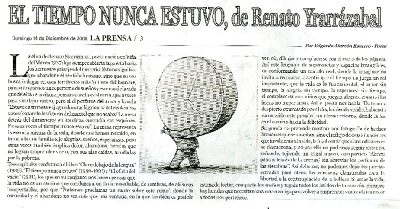 El tiempo nunca estuvo, de Renato Yrarrázabal  [artículo] Edgardo Alarcón Romero.