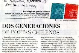 Dos generaciones de poetas chilenos  [artículo] Carlos Valdovinos.