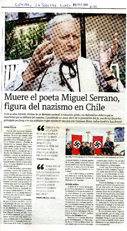 Muere el poeta Miguel Serrano, figura del nazismo en Chile  [artículo] Rodrigo Miranda.