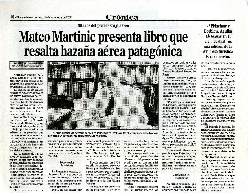 Mateo Martinic presenta libro que resalta hazaña aérea patagónica  [artículo] Marisol Retamal G.
