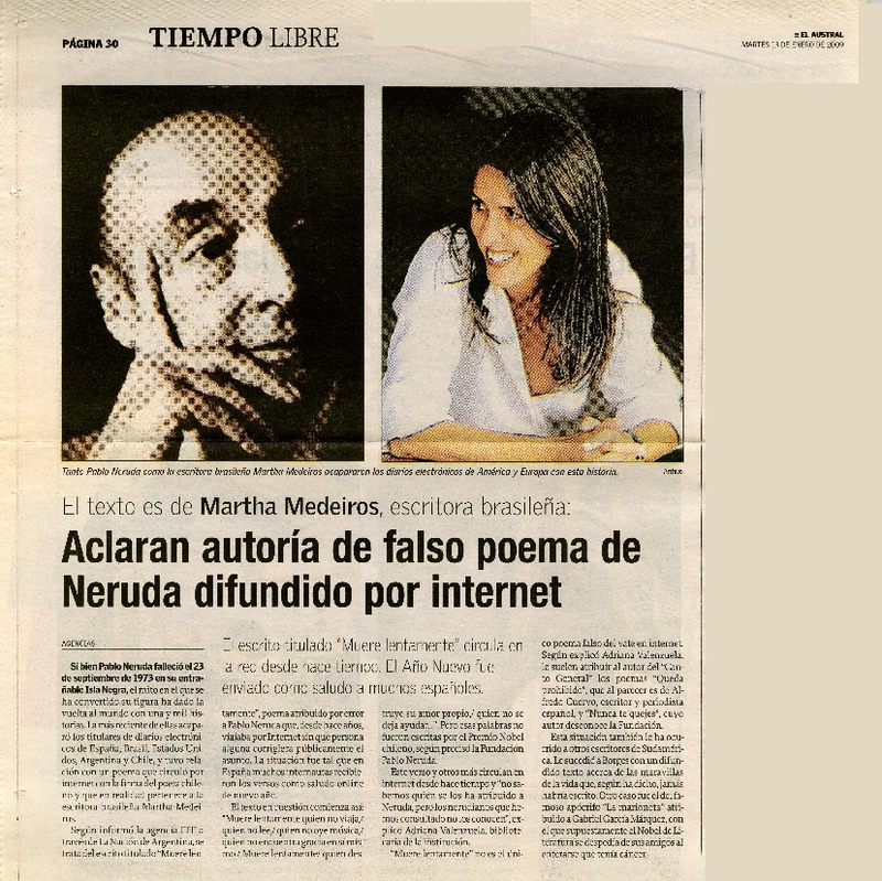 Aclaran autoría de falso poema de Neruda difundido por internet.  [artículo]