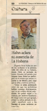 Hahn aclara su ausencia de La Habana.  [artículo]