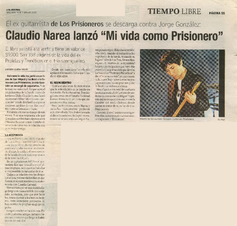 Claudio Narea lanzó "mi vida como prisionero"  [artículo] Lorenzo Lovera Seguel.