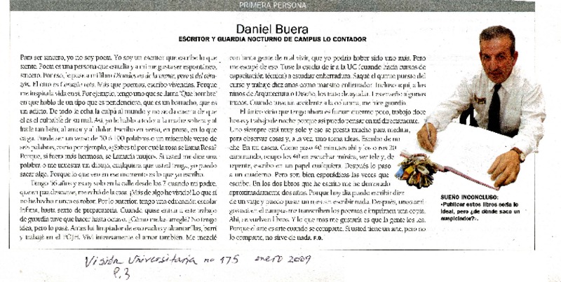 Daniel Buera : escritor y guardia nocturno del Campus Lo Contador.  [artículo]