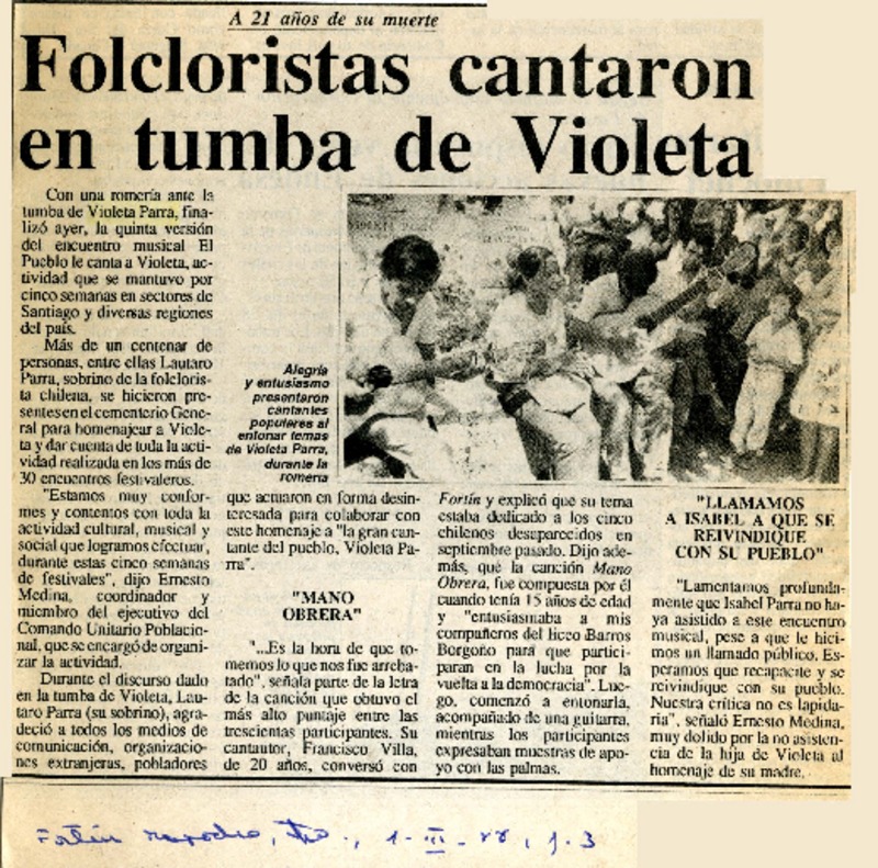 Folcloristas cantaron en tumba de Violeta  [artículo].