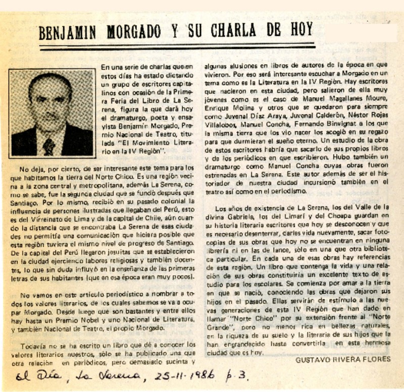 Benjamín Morgado y su charla de hoy  [artículo] Gustavo Rivera Flores.
