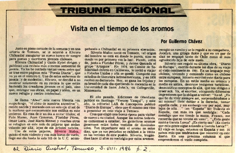 Visita en el tiempo de los aromos  [artículo] Guillermo Raúl Chávez.