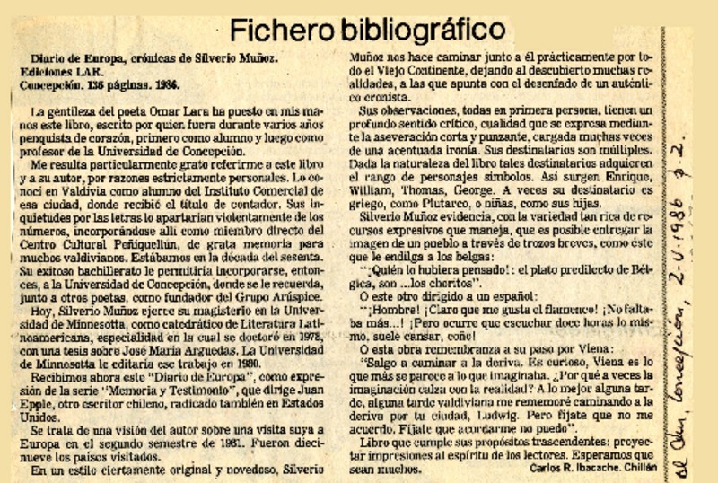 Diario de Europa  [artículo] Carlos R. Ibacache.