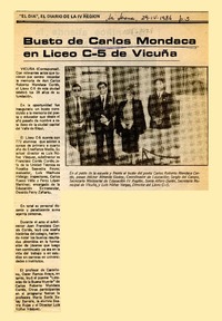Busto de Carlos Mondaca en Liceo C-5 de Vicuña  [artículo].