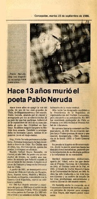 Hace 13 años murió el poeta Pablo Neruda  [artículo].