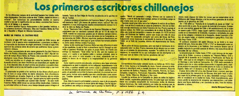 Los primeros escritores chillanejos  [artículo] Adolfo Márquez Esparza.