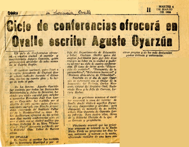Ciclo de conferencias ofrecerá en Ovalle escritor Agusto Oyarzún  [artículo].