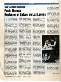 Pablo Neruda revive en el Galpón de Los Leones  [artículo] María Inés Sáez.