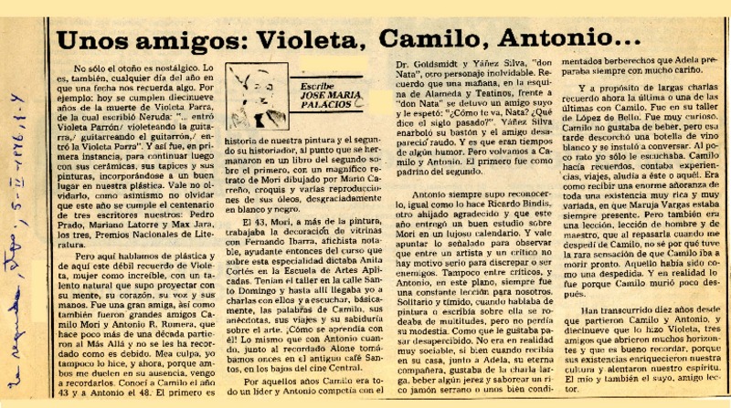 Unos amigos; Violeta, Camilo, Antonio --  [artículo] José María Palacios.
