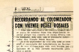 Recordando al colonizador don Vicente Pérez Rosales  [artículo] Manuel Salvo Parra.
