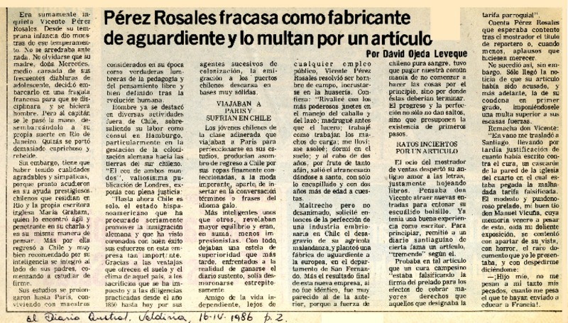 Pérez Rosales fracasa como fabricante de aguardiente y lo multan por un artículo  [artículo] David Ojeda Leveque.