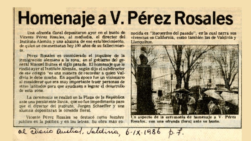 Homenaje a V. Pérez Rosales  [artículo].