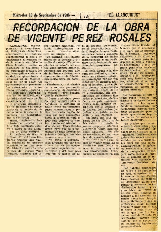 Recordación de la obra de Vicente Pérez Rosales  [artículo].