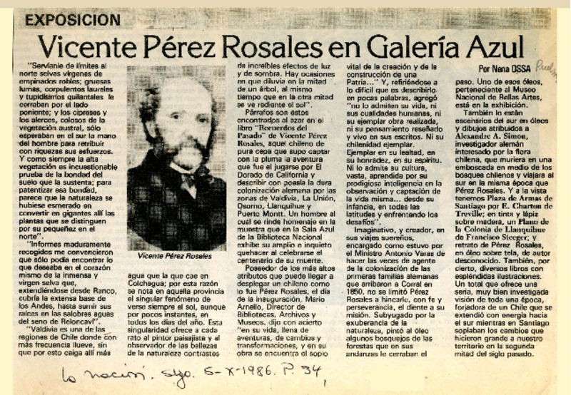 Vicente Pérez Rosales en Galería Azul  [artículo] Nena Ossa.