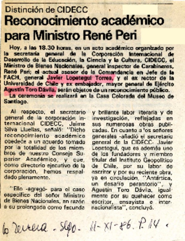 Reconocimiento académico para Mistro René Peri  [artículo].