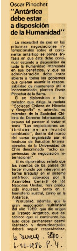 Oscar Pinochet, "Antártica debe estar a disposición de la humanidad"  [artículo].