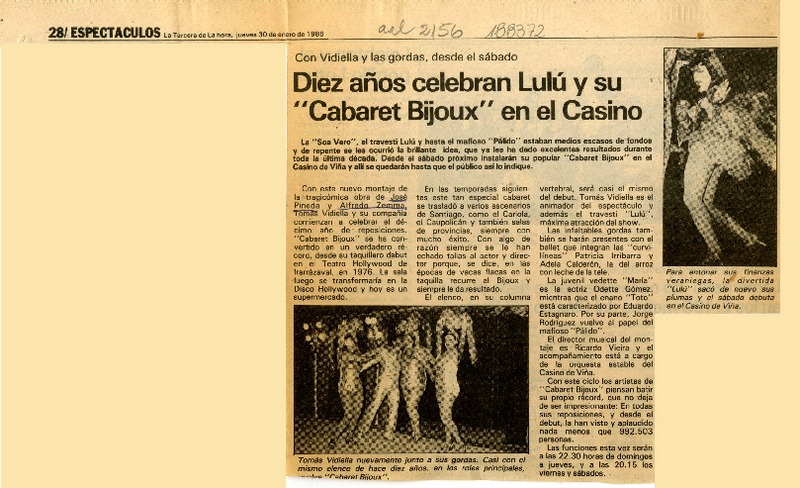 Diez años celebran Lulú y su "Cabaret Bijoux" en el Casino  [artículo].