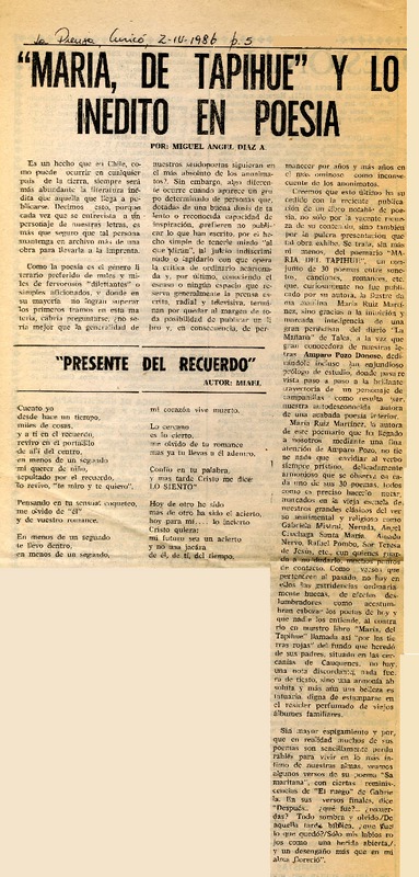 "María de Tapihue", poesía inédita  [artículo] Miguel Angel Díaz.