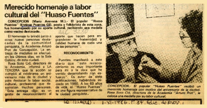 Merecido homenaje a labor cultural del Huaso Puentes  [artículo] Mario Aravena M.