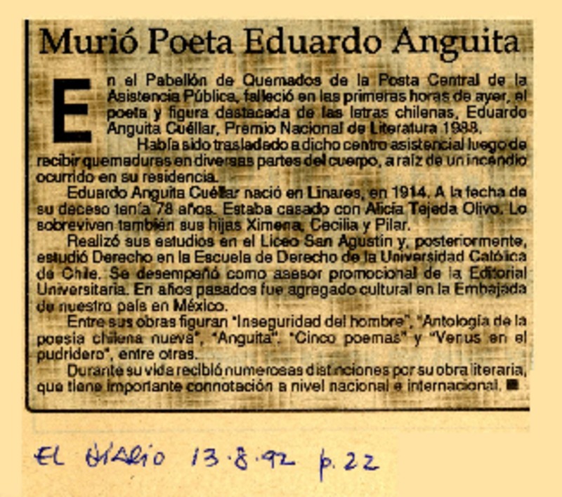 Murió poeta Eduardo Anguita  [artículo].