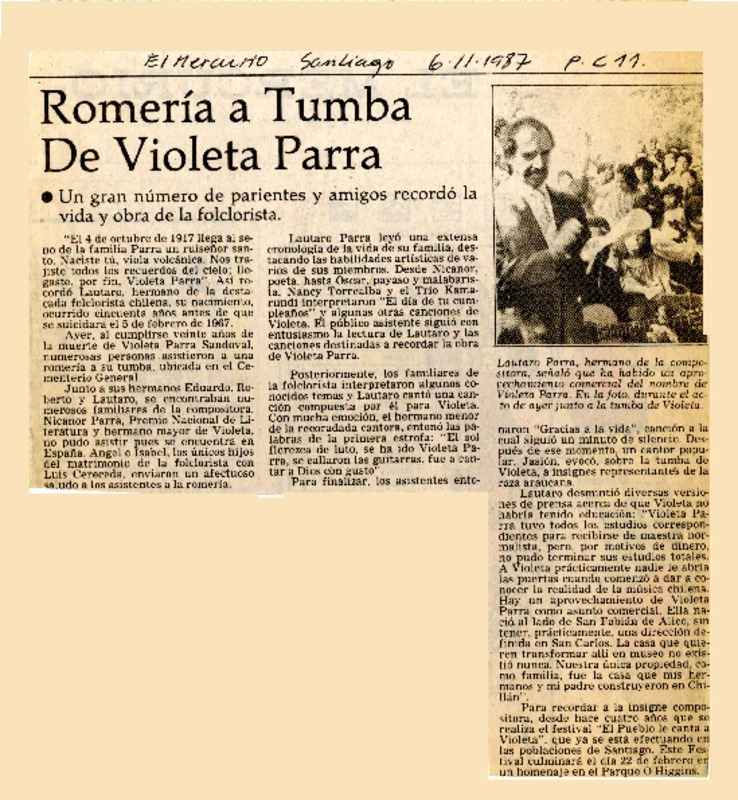 Romería a tumba de Violeta Parra  [artículo].