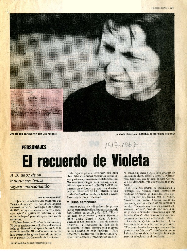 El recuerdo de Violeta  [artículo] María Irene Soto.