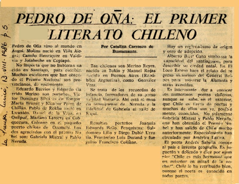 Pedro de Oña, el primer literato chileno  [artículo] Catalina Carrasco de Bustamante.