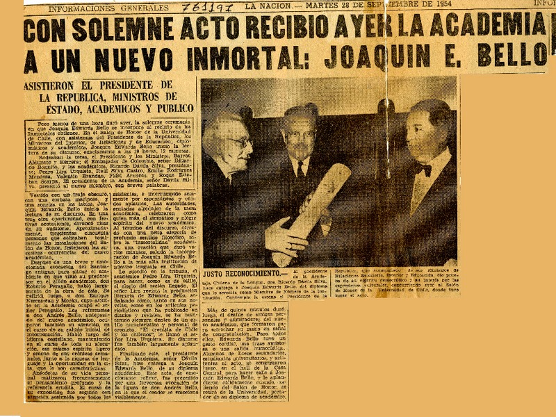 Con solemne acto recibido ayer la Academia a un nuevo inmortal, Joaquín E. Bello.  [artículo]