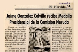 Jaime González Colville recibe Medalla Presidencial de la Comisión Neruda  [artículo]
