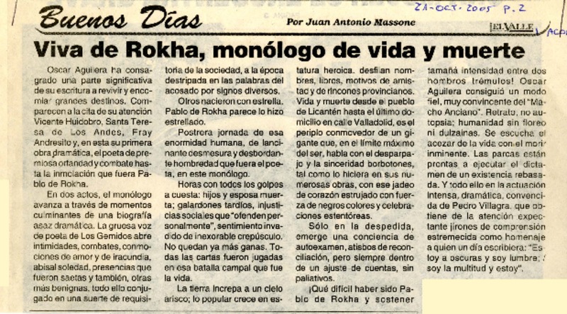 Viva de Rokha, monólogo de vida y muerte  [artículo] por Juan Antonio Massone.