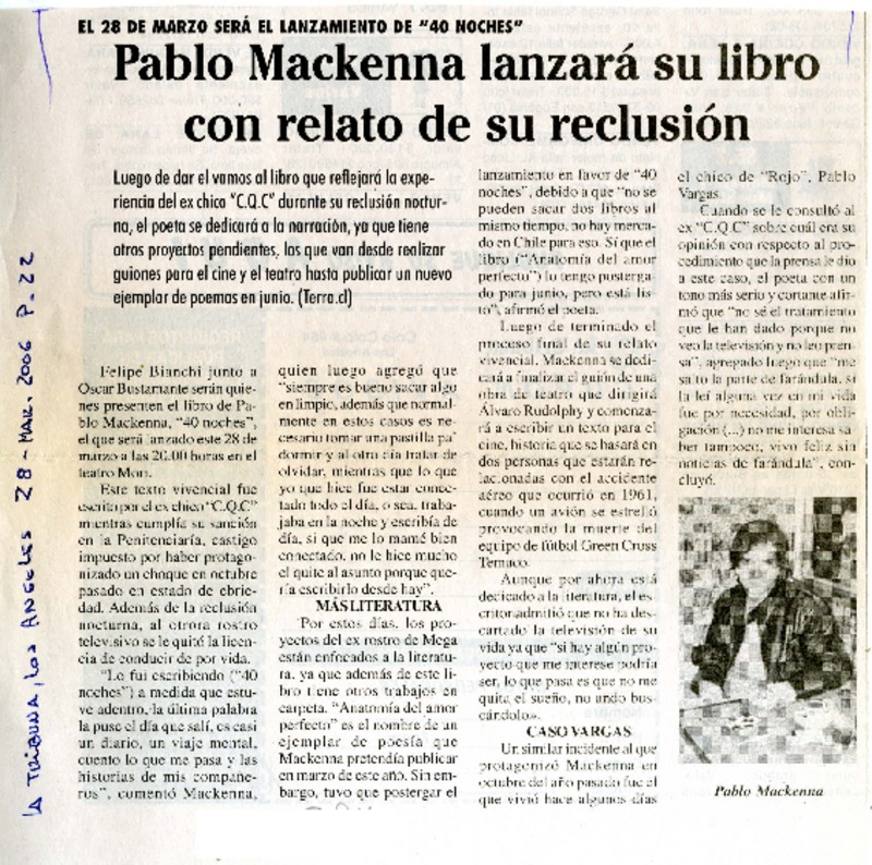Pablo Mackenna lanzará su libro con relato de su reclusión  [artículo]