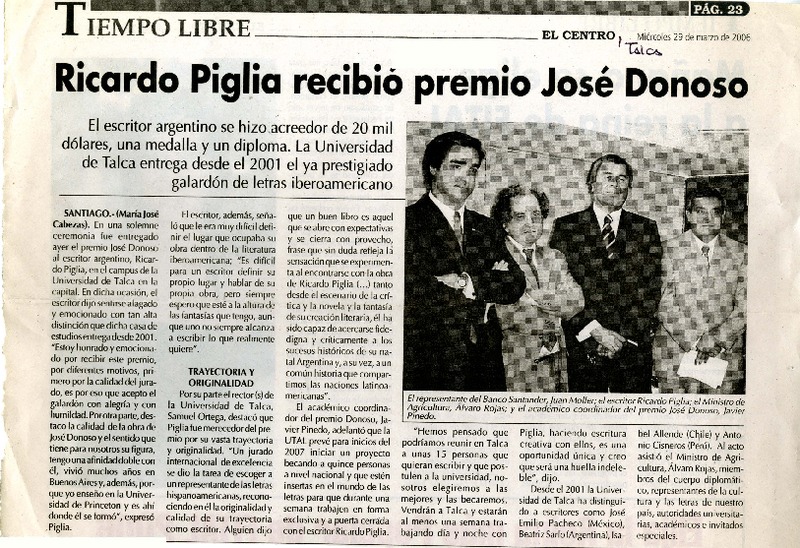Ricardo Piglia recibió Premio José Donoso  [artículo] María José Cabezas.