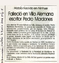 Falleció en Villa Alemana escritor Pedro Mardones  [artículo]