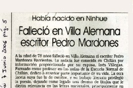 Falleció en Villa Alemana escritor Pedro Mardones  [artículo]