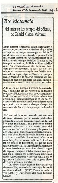 "El amor en los tiempos de cólera", de Gabriel García Márquez  [artículo] Tito Matamala.
