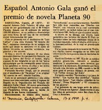 Español Antonio Gala ganó el premio de novela Planeta 90  [artículo]
