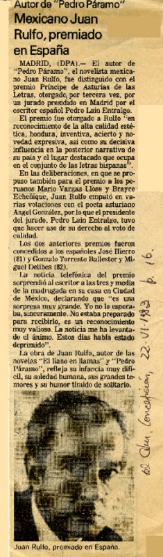 Mexicano Juan Rulfo, premiado en España  [artículo].
