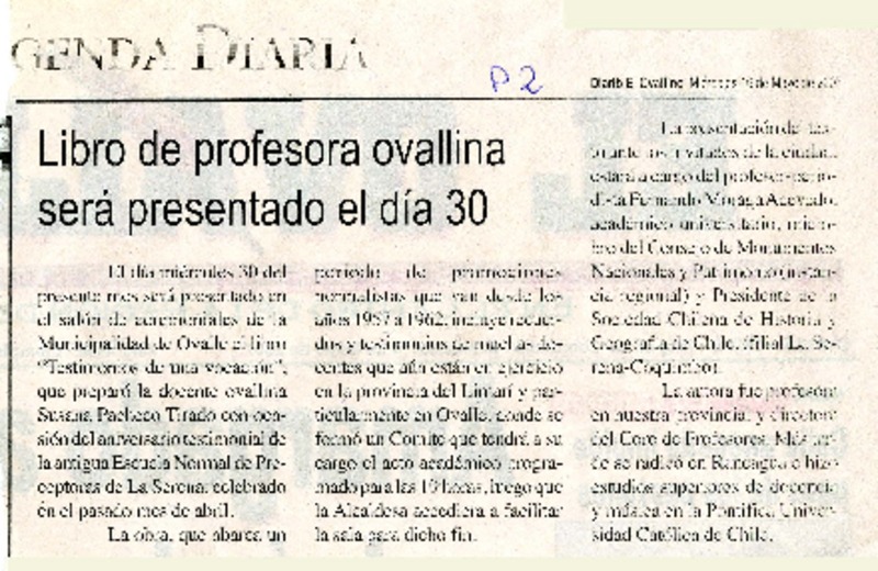 Libro de profesora ovallina será presentado el día 30  [artículo].
