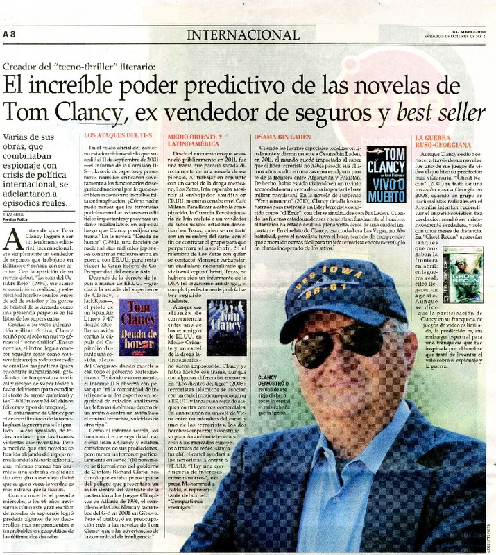 El increíble poder predictivo de las novelas de Tom Clancy, ex vendedor de seguros y best seller  [artículo] Elias Groll