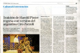 Traición de Harold Pinter regresa con versión del argentino Ciro Zorzoli  [artículo] Stefanía Etcheverría