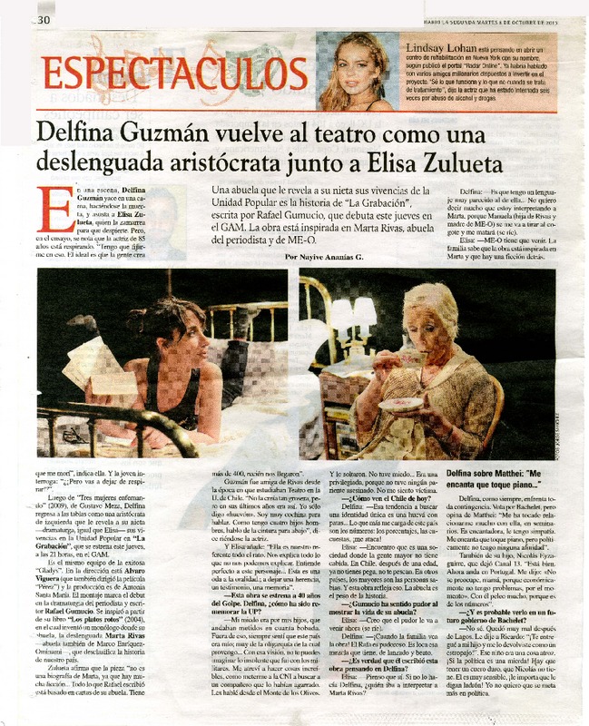 Delfina Guzmán vuelve al teatro como una deslenguada aristócrata junto a Elisa Zulueta  [artículo] Nayive Ananías G.