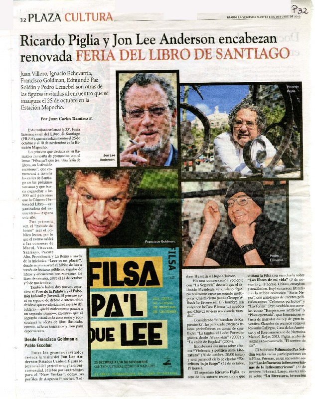 Ricardo Piglia y Jon Lee Anderson encabezan renovada Feria del Libro de Santiago  [artículo] Juan Carlos Ramírez F.
